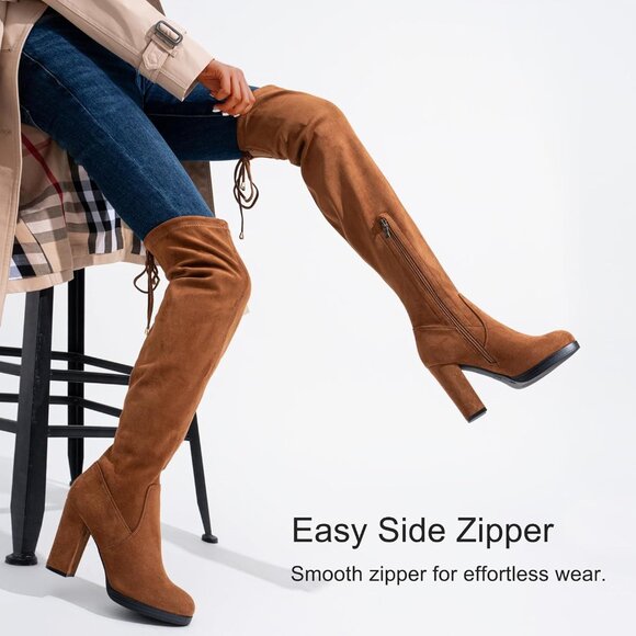 Women's Camel-imitation Suede Thigh High Over The Knee Rounded Toe Tall Boot - Picture 4 of 9